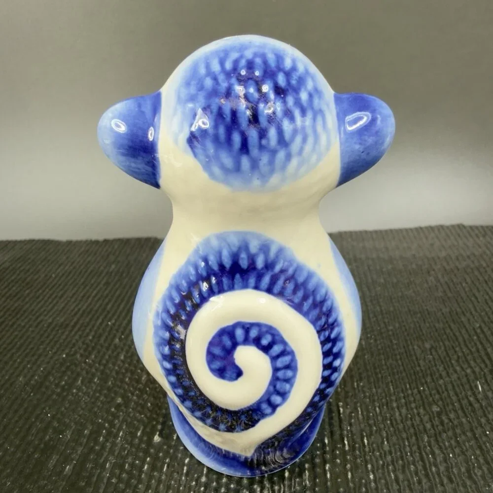 Handmade Gzhel Russian‎ Porcelain Small Monkey Figurine Had Painted Cobalt Blue
